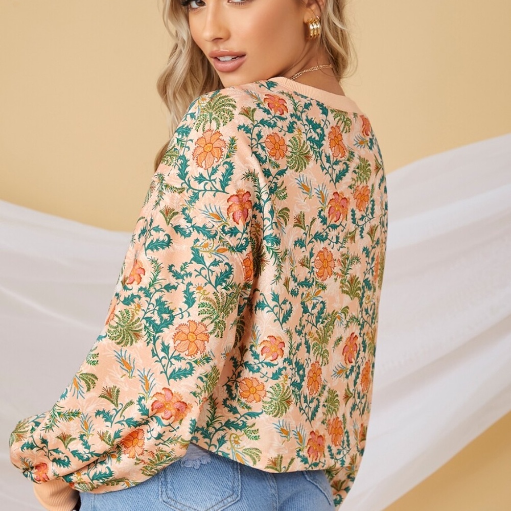 orange floral print lantern sleeve spring sweater - Picture 3 of 4